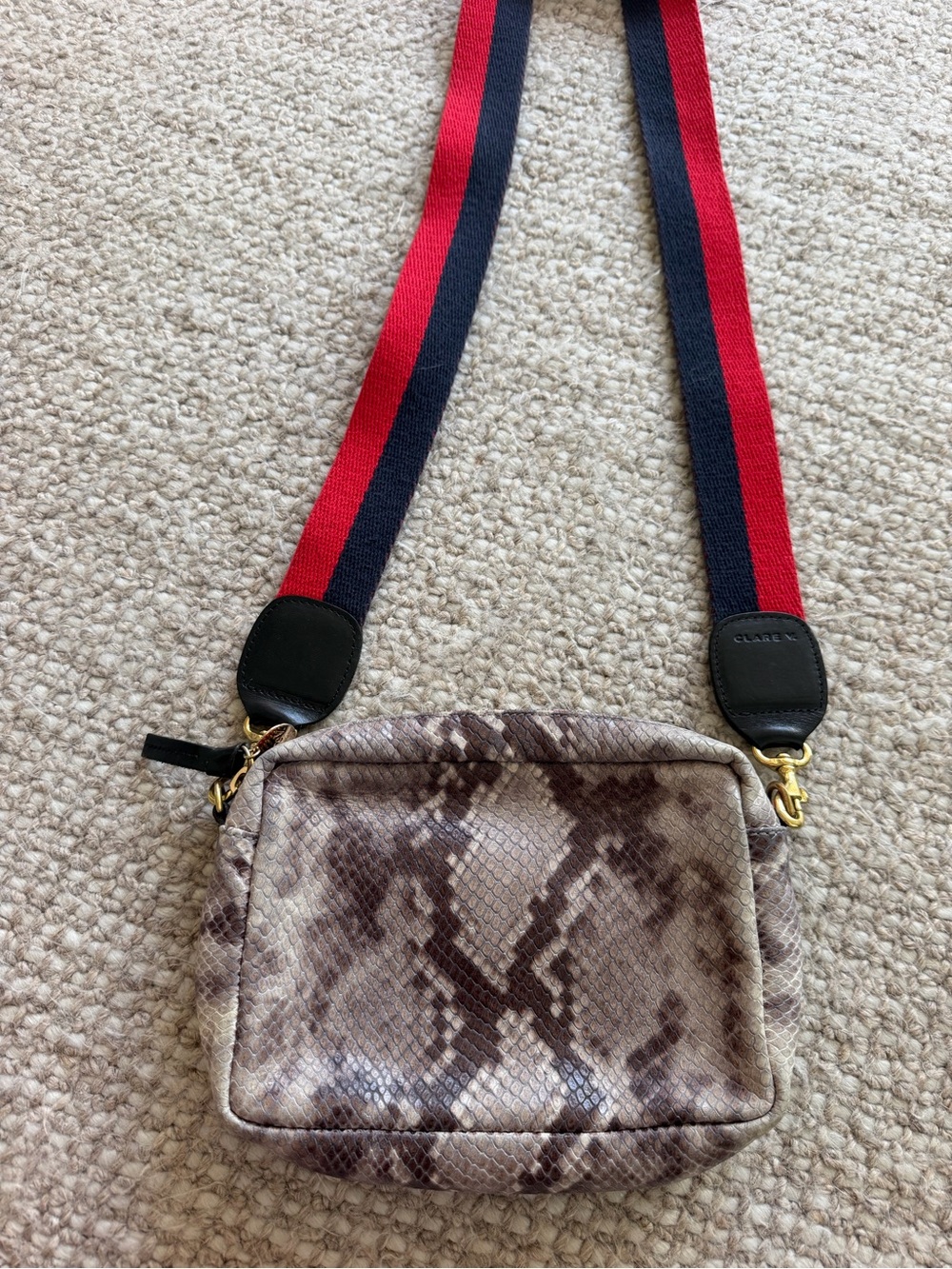 Clare V Python-Effect Crossbody with Red and Navy Strap